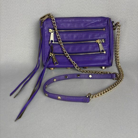 Rebecca Minkoff Purse Mini Five Zip Crossbody Bag or Clutch Purple Leather - Picture 1 of 12